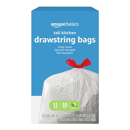 Amazon Basics Flextra Strength Tall Kitchen Drawstring Trash Bags, Fresh Scent, Tear Resistant, 13 Gallon, 50 Count - size: 50 Count (Pack of 1)