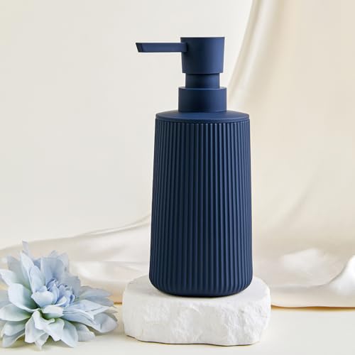 Small Soap Dispenser for Bathroom and Kitchen, Modern Farmhouse Striped Style Plastic Hand Soap Dish Soap Dispenser with Pump Matte Blue - color: Navy Blue