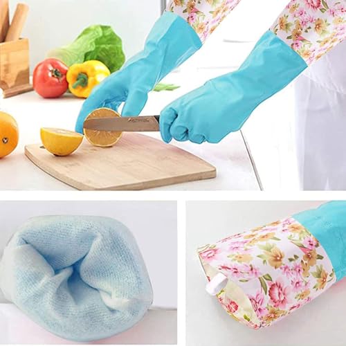 KINGFINGER Rubber Latex-Free Waterproof Dishwashing Gloves,2 Pair Medium Long Cuff Flock Lining Household Cleaning Gloves - size: 2 Pair (Pack of 1)