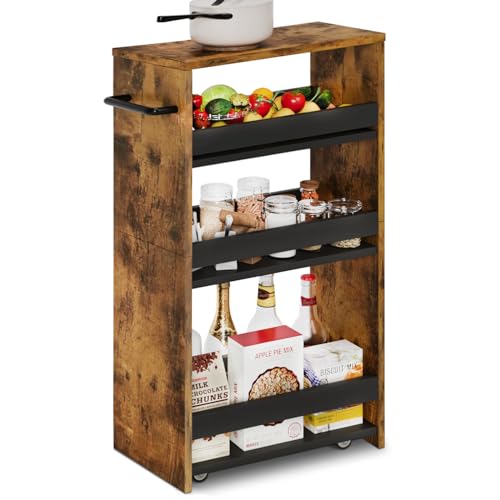 TEAMIX 4 Tier Slim Storage Cart with Handle, Slide Out Storage Rolling Utility Cart Mobile Shelving Unit Organizer Trolley for Small Spaces Kitchen Laundry Narrow Places (Brown+Black, 7-7/8'' W) - color: Brown+black, size: 7-7/8'' W