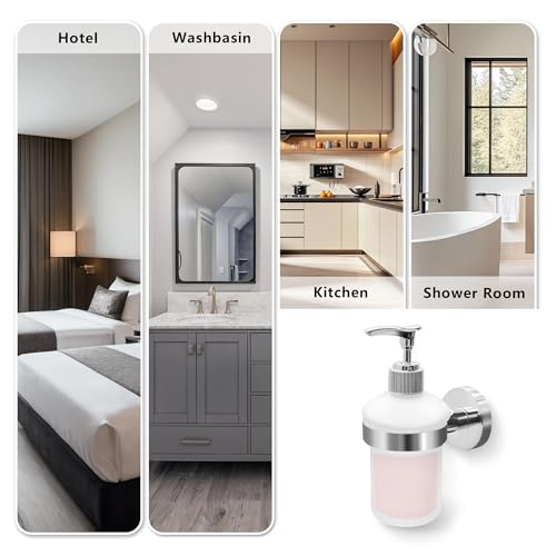 Wall Mount Soap Dispenser with SUS304 Stainless Steel Holder, 6.8 oz (200ml) Frosted Glass Lotion Pump Dispenser for Bathroom and Kitchen, Silver - size: Silver