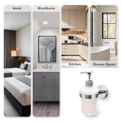 Wall Mount Soap Dispenser with SUS304 Stainless Steel Holder, 6.8 oz (200ml) Frosted Glass Lotion Pump Dispenser for Bathroom and Kitchen, Silver - size: Silver