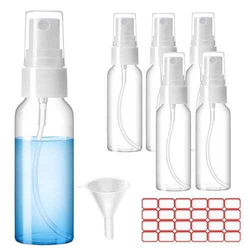 Zoizocp Spray Bottles, 1oz/30ml Clear Empty Fine Mist Plastic Mini Travel Bottle Set, Small Refillable Liquid Containers with 2pcs Funnels and 24pcs Labels (6 Pack) - color: Clear（BPA+TSA）-1oz