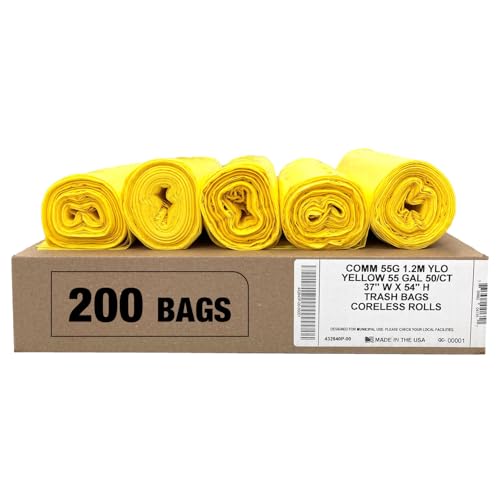 Ultrasac Heavy Duty 55 Gallon Yellow Trash Bags - (Value 200 Pack) - 1.5 MIL equivalent Industrial Strength Plastic 37" x 54" for 50-55 Gal Cans -Fits Toter, Rubbermaid Brute, Carlislie Bronco etc. - color: Yellow, style: 50-55 Gal, 1.5 Mil Equiv, 200 Cou