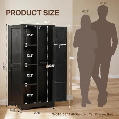 NORTHSKY Wooden Storage Cabinet, Broom Closet & Vacuum Cleaner Storage Compatible with Dyson Vacuum, Utility Cabinet for Brooms and Mops, Cleaning Tool Cabinet w/Doors for Garage, Office, Home (Black)