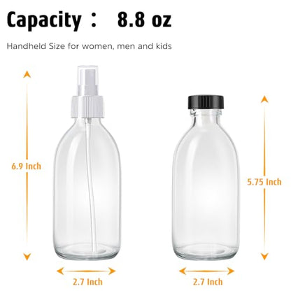 Tecohouse 2 Pack Glass Spray Bottles, 250ml Small Glass Bottles for Cleaning Solutions, Spray Bottles for Essential Oils, Plants, with Durable Nozzle, Labels, Funnel - Clear - color: 8.5 oz Clear-White Lids