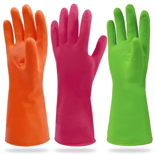 Cleanbear Reusable Dish Washing Rubber Glove Set of 3, Household Cleaning Gloves for Washing - color: Green,red,orange, size: Large