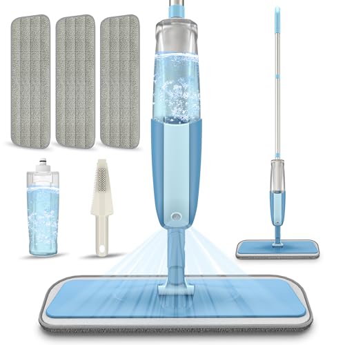 Spray Wet Mops for Hardwood Floor Cleaning: MEXERRIS Floor Mop with 3 Washable Pads for Swiffer Powermop - Refillable Dust Dry Mop Home Commercial Mops for Wood Laminate Ceramic Tiles Vinyl - color: Cyanine