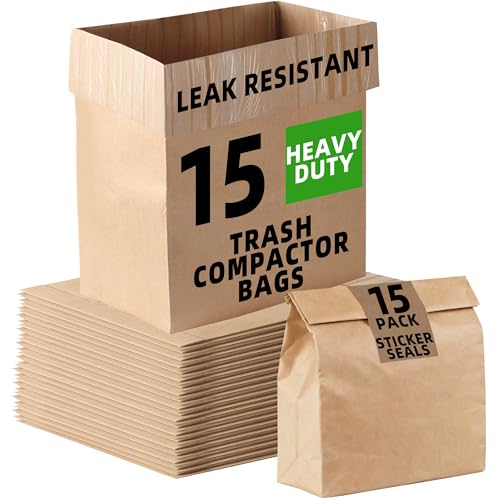 (15-Pack) Calvana Super Strong Compactor Bags, Heavy-Duty Kitchen Paper Trash Bags with Leak Proof Plastic Liner, Fits GE Model Compactors with Rectangular Containers, Includes 15 Sticker Seals - style: (15 Pack) Trash Bags + Stickers