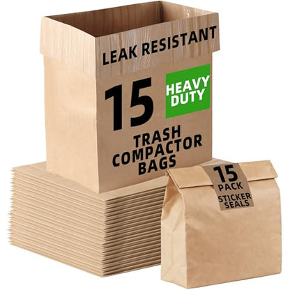 (15-Pack) Calvana Super Strong Compactor Bags, Heavy-Duty Kitchen Paper Trash Bags with Leak Proof Plastic Liner, Fits GE Model Compactors with Rectangular Containers, Includes 15 Sticker Seals - style: (15 Pack) Trash Bags + Stickers
