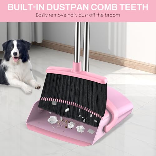Broom and Dustpan Set for Home, 51-in Long Adjustable Handle Angle Broom and Dustpan Combo Set with Dust Pan Teeth to Clean Hair for Home Kitchen Office Lobby Floor Garden, Pink - color: Pink