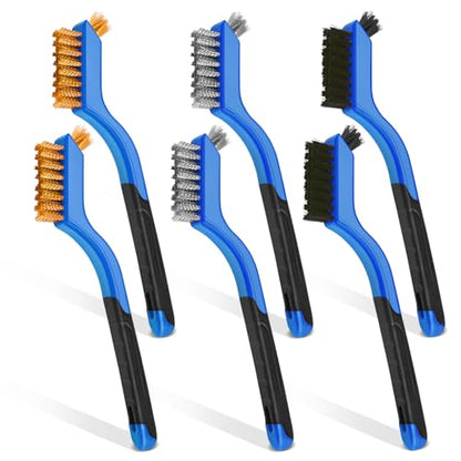 Wire Brush Set, 6 Pcs Stainless Steel/Brass/Nylon Wire Brushes for Cleaning with Curved Handle Grip for Rust Removal, Dirt, Paint Scrubbing(Blue) - style: Blue-6pcs