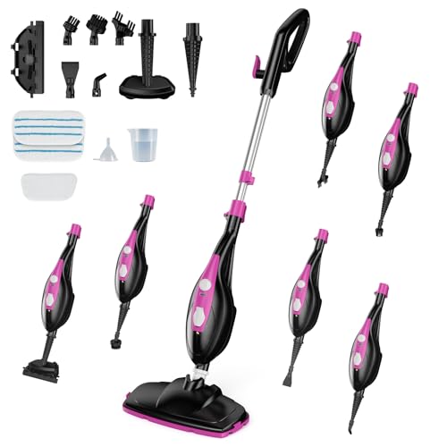 OLIXIS 10-in-1 Steam Mop, 1550W Detachable Handheld Steam Cleaner for Floor Cleaning, 16FT Cord, 2 Washable Pads, Multi-Purpose Floor Steamer for Hardwood, Carpet, Tile, Grout, Windows, Black Pink - color: Black Pink, size: 12.41"*6.70"*40.55"