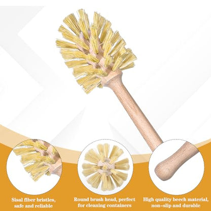 6-Pack Natural Wood Dish Brush Set with Long Beechwood Handle & Sisal Bristles, 13.8 x 2.7 Inch Bottle Brush for Cleaning Jars, Mugs, Glasses, Vases, Pitchers