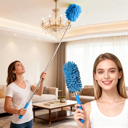 Extendable Microfiber Duster, Telescoping Dusting Brush for Home and Car Cleaning, Adjustable Length, Soft and Flexible - color: Elongated Blue