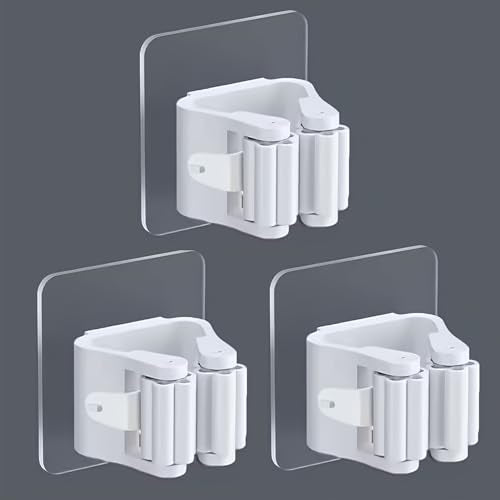 3PCS Mop Broom Holder Hook Wall Mounted Self Adhesive Detachable Non Slip Waterproof Broom Clip Organizer Bathroom Kitchen Garage, White - color: White