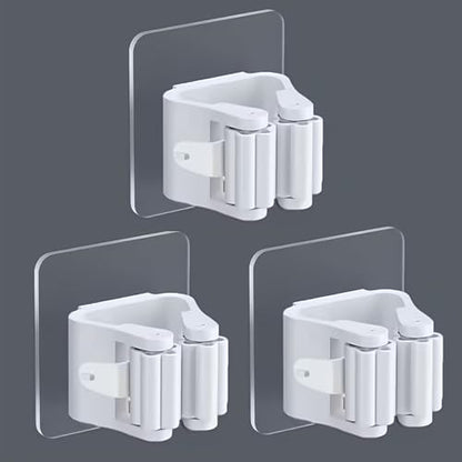 3PCS Mop Broom Holder Hook Wall Mounted Self Adhesive Detachable Non Slip Waterproof Broom Clip Organizer Bathroom Kitchen Garage, White - color: White
