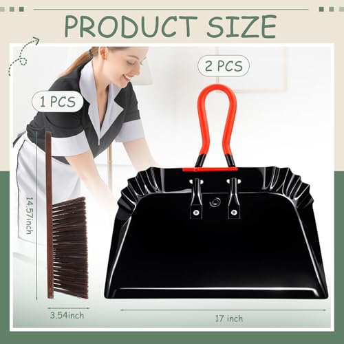Pasimy 2 Pack 17" Metal Dust Pan and Brush Set, Large Heavy Duty Handheld Industrial Dustpan with Handle Debris Sweeping Tool Metal Edge Flat Against Floor for Outdoor Patio Yard Garage (Black) - color: Black
