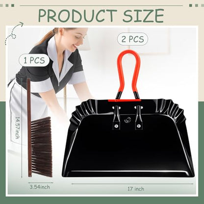 Pasimy 2 Pack 17" Metal Dust Pan and Brush Set, Large Heavy Duty Handheld Industrial Dustpan with Handle Debris Sweeping Tool Metal Edge Flat Against Floor for Outdoor Patio Yard Garage (Black) - color: Black