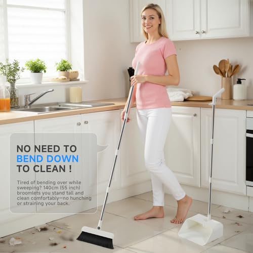 Magnetic Broom and Dustpan Set with Silicone Broom Squeegee, 55'' Broom with Dustpan Combo Set Self-Cleaning Teeth Design Upright Standing Dustpan Blue Microfiber Cloth for Indoor Floor Home Kitchen - color: Set With Blue Cloth