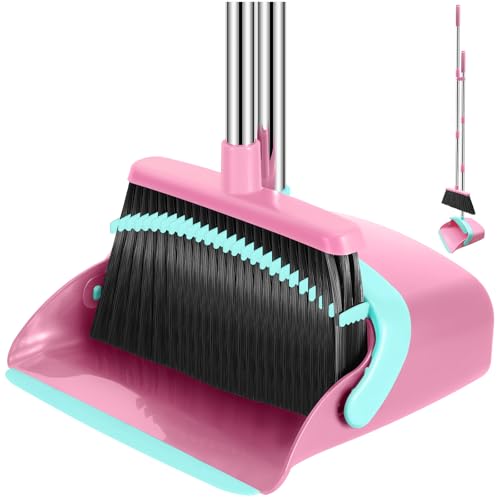 Broom and Dustpan Set, 52-in Long Adjustable Handle Broom Dustpan Combo with Dust pan Teeth to Automatically Clean Hair Suitable for Home Kitchen Office Hall Floor（Pink&Blue） - color: Pink-blue, size: 1 Pack