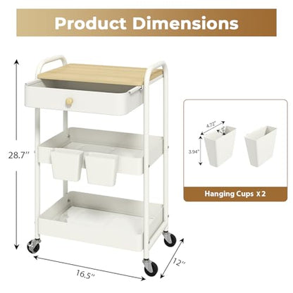 danpinera 3 Tier Rolling Cart with Wooden Table Top, White Rolling Utility Cart with Drawer & Locked Wheels, Easy Assembly for Nursery, Living Room, Studio - color: White, size: without pegboards