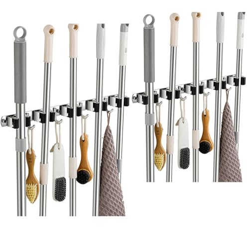 2 Pack Broom Holder Wall Mount, Stainless Steel Broom Hanger Wall Mount, Heavy Duty Mop and Broom Holder Tool Racks Utility Hooks for Laundry Room Garden Garage, Black (5 Racks and 4 Hooks) - color: Black, size: 2Pack 5R4H