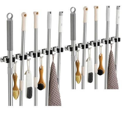 2 Pack Broom Holder Wall Mount, Stainless Steel Broom Hanger Wall Mount, Heavy Duty Mop and Broom Holder Tool Racks Utility Hooks for Laundry Room Garden Garage, Black (5 Racks and 4 Hooks) - color: Black, size: 2Pack 5R4H