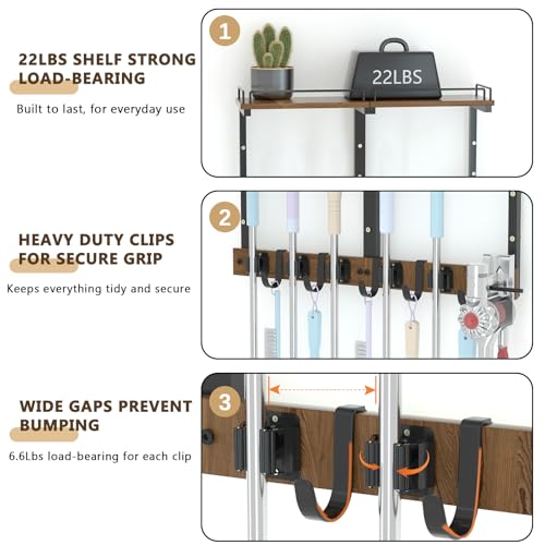 Mop Holder Wall Mount with Cleaning Supplies Organizer, Wood Mop and Broom Hanger Rack Organizer with Anti-Fall Wall Shelf with 5 Clips & Hooks for Garage Laundry Room Kitchen (Brown) - color: Brown
