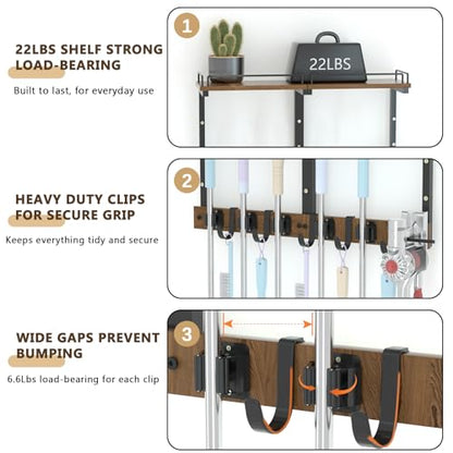 Mop Holder Wall Mount with Cleaning Supplies Organizer, Wood Mop and Broom Hanger Rack Organizer with Anti-Fall Wall Shelf with 5 Clips & Hooks for Garage Laundry Room Kitchen (Brown) - color: Brown