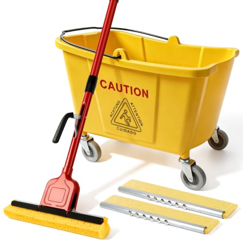 Mop Bucket on Wheels, Commercial Sponge Mop and Bucket Set for Floor Cleaning with 2 Compressed Cellulose Replacement Heads, Heavy Duty Industrial Mops for Hardwood Tile for Office Workshop Warehouse - size: 1 mop +2 mop heads+ 1 Bucket