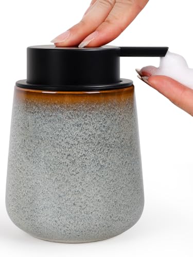 INGOFIN Ceramic Foaming Soap Dispenser -12oz Foam Hand Soap Dispenser Bathroom, Modern Refillable Dish Wash Soap Bottle for Kitchen with Large Pump,Kiln-Glazed - color: Kiln-glazed Grey White -Foam