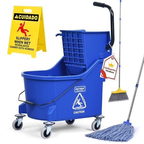 Matthew Cleaning Blue 44Quart Commercial Mop Bucket INCL.Wet String Mop& 19'' Industrial Wet Floor Sign with Side Press Wringer On Wheels,Tandem Portable Floor Cleaning Wavebrake,Ideal for Household - color: Blue, size: 44 Quart