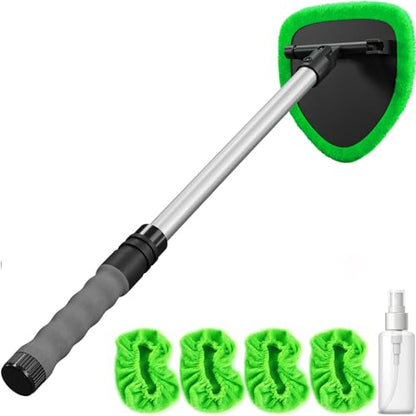 Windshield Cleaner Tool with Extendable Aluminum Handle (Up to 19.7"), Streak-Free Auto Glass Cleaning Kit with 4 Thick Microfiber Pads & Spray Bottle, Inside Window Defogger Accessories - color: Green