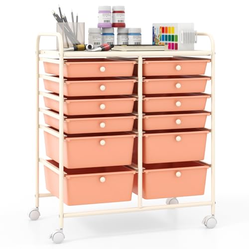Giantex 12 Drawers Rolling Storage Cart, Classroom Organizers with Wheels for Tools Scrapbook Craft Paper Teacher Office School Supplies (Peach Fuzz) - color: Peach Fuzz, size: 12 Drawer-25"x15"x29.5"