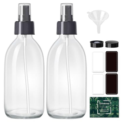 Tecohouse 2 Pack Glass Spray Bottles, 250ml Small Glass Bottles for Cleaning Solutions, Spray Bottles for Essential Oils, Plants, with Durable Nozzle, Labels, Funnel - Clear - color: 8.5 oz Clear-Black Lids
