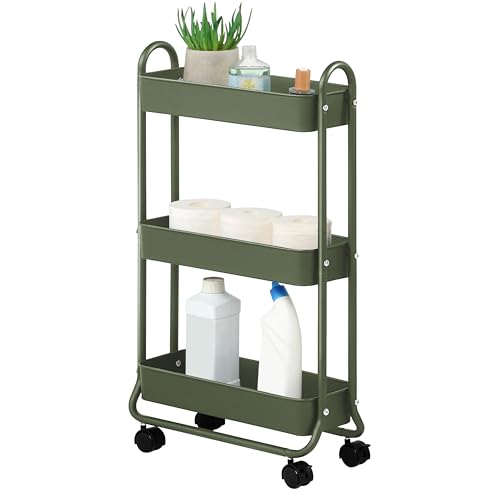 SunnyPoint Slim Rolling Storage Cart, 3 Tier Bathroom Storage Organizer Bathroom, Laundry Utility Cart (Army) - color: Army