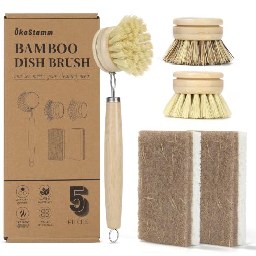 5 PCS Bamboo Dish Brush with Handle Set - Natural Dish Scrubber Brush with 3 Replacement Brush Heads and 2 Dish Sponges for Cleaning Dishes, Pans, Pot, Fruit and Veggie