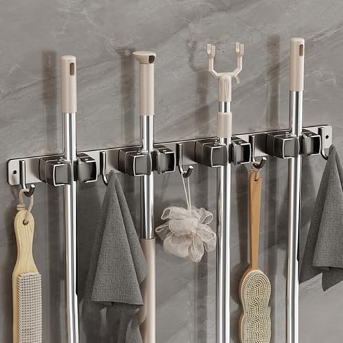 Wall-Mounted Broom Holder Stainless Steel Mop Storage Rack Laundry Room Storage Solution Suitable for Kitchens, Gardens,Garages (Option C: 4 clips with 5 hooks) - color: Option C: 4 clips with 5 hooks