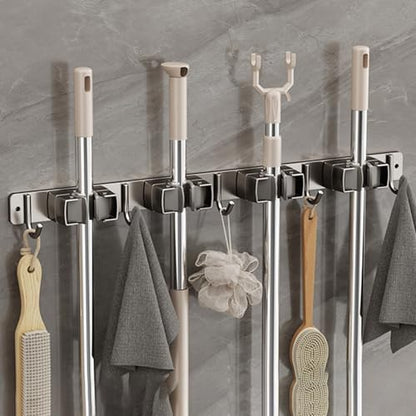 Wall-Mounted Broom Holder Stainless Steel Mop Storage Rack Laundry Room Storage Solution Suitable for Kitchens, Gardens,Garages (Option C: 4 clips with 5 hooks) - color: Option C: 4 clips with 5 hooks