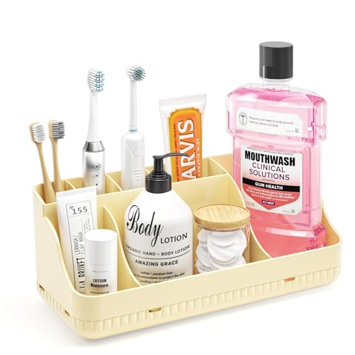 Bathroom Counter Organizer and Storage, 7 Slots Detachable Toothbrush Holders for Bathrooms, Anti-Slip Electric Toothbrush and Toothpaste Holder Countertop Vanity Organizer Accessories for Adults Kids - color: Milky Yellow