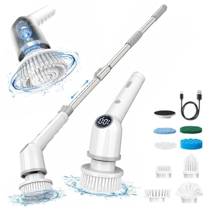 Electric Spin Scrubber, Cordless Cleaning Brush with 8 Replaceable Brush Heads, 3 Adjustable Bathroom Scrubber Speed Up to 450 RPM - color: Black