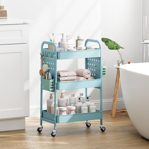KINGRACK 3 Tier Rolling Cart with DIY Pegboard, Metal Utility Cart with Wheels, Hooks & Baskets, Sturdy Storage Organizer for Craft, Bathroom, Kitchen, Office, Nursery, Classroom（Blue） - color: Blue