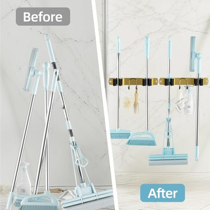 Broom Holder Wall Mount, 2-Pack Stainless Steel Mop and Broom Organizer, Broom Hanger with 2 Slots 2 Hooks for Home Kitchen, Garage, Garden and Laundry Room, Gold - color: Gold-2 Pack