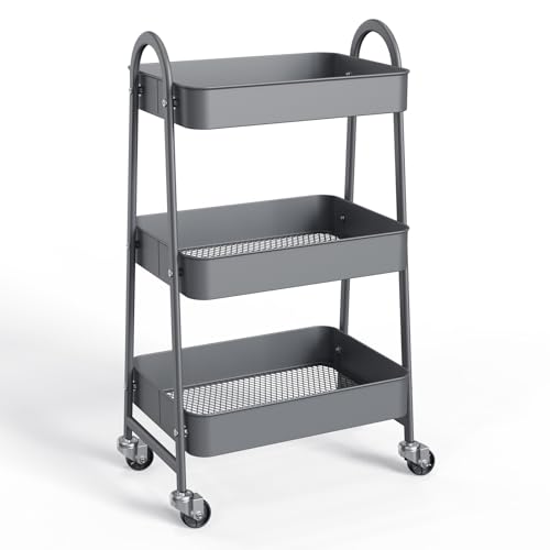 NEWBULIG 3-Tier Metal Rolling Cart with Lockable Wheels, Heavy Duty Mobile Utility Storage Shelf, Roller Book Snack Cart, Grey - color: Gray, size: 3 Shelves