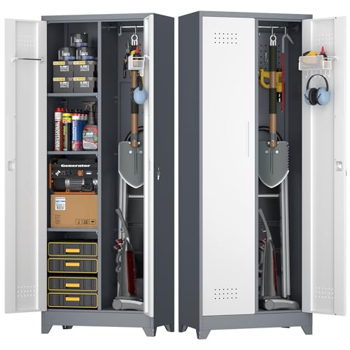 Broom Storage Cabinet, Metal Utility Storage Cabinet with Hanging Rail, 65" Tall Cleaning Tool Organizer with Shelves and Doors, for Home, Garage, Office, Balcony - color: 65"h-broom Cabinet / White+grey