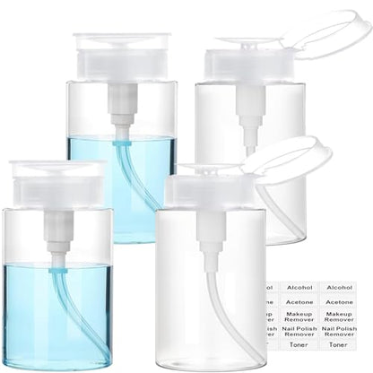 Push Down Pump Dispenser, 5.1oz Clear Pump Bottles with Alcohol, Acetone, Nail Polish Remover, Makeup Remover, Toner Stickers Empty Push Top Container for Liquid (150ml-4Pack) - size: 150ml-4pack