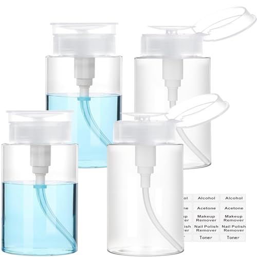 Push Down Pump Dispenser, 5.1oz Clear Pump Bottles with Alcohol, Acetone, Nail Polish Remover, Makeup Remover, Toner Stickers Empty Push Top Container for Liquid (150ml-4Pack) - size: 150ml-4pack