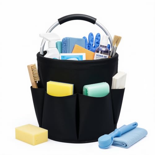 Cleaning Caddy with Handle, 17L Foldable Storage Basket, Heavy Duty 600D Oxford Cloth Organizer, Portable Supply Bag, Multi-Purpose Supplies Caddy for Home, Bathroom, Kitchen, Garden - Black - color: Black