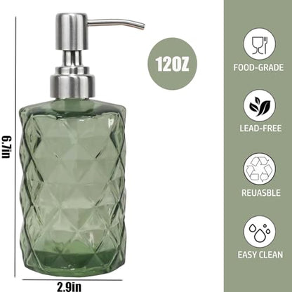 12Oz Green Glass Soap Dispenser with Stainless Steel Pump, Refillable Kitchen Liquid Hand Soap Dispenser with Diamond Design, for Dispense Hand soap, Dish Soap, Lotion, Bathroom, Countertop, Hotel - color: Green Diamond